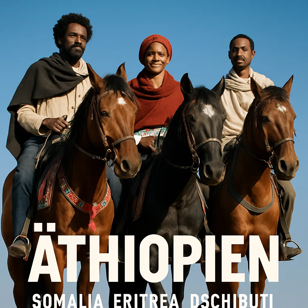 Three Individuals Riding Horses Stand Against a Clear Blue Sky