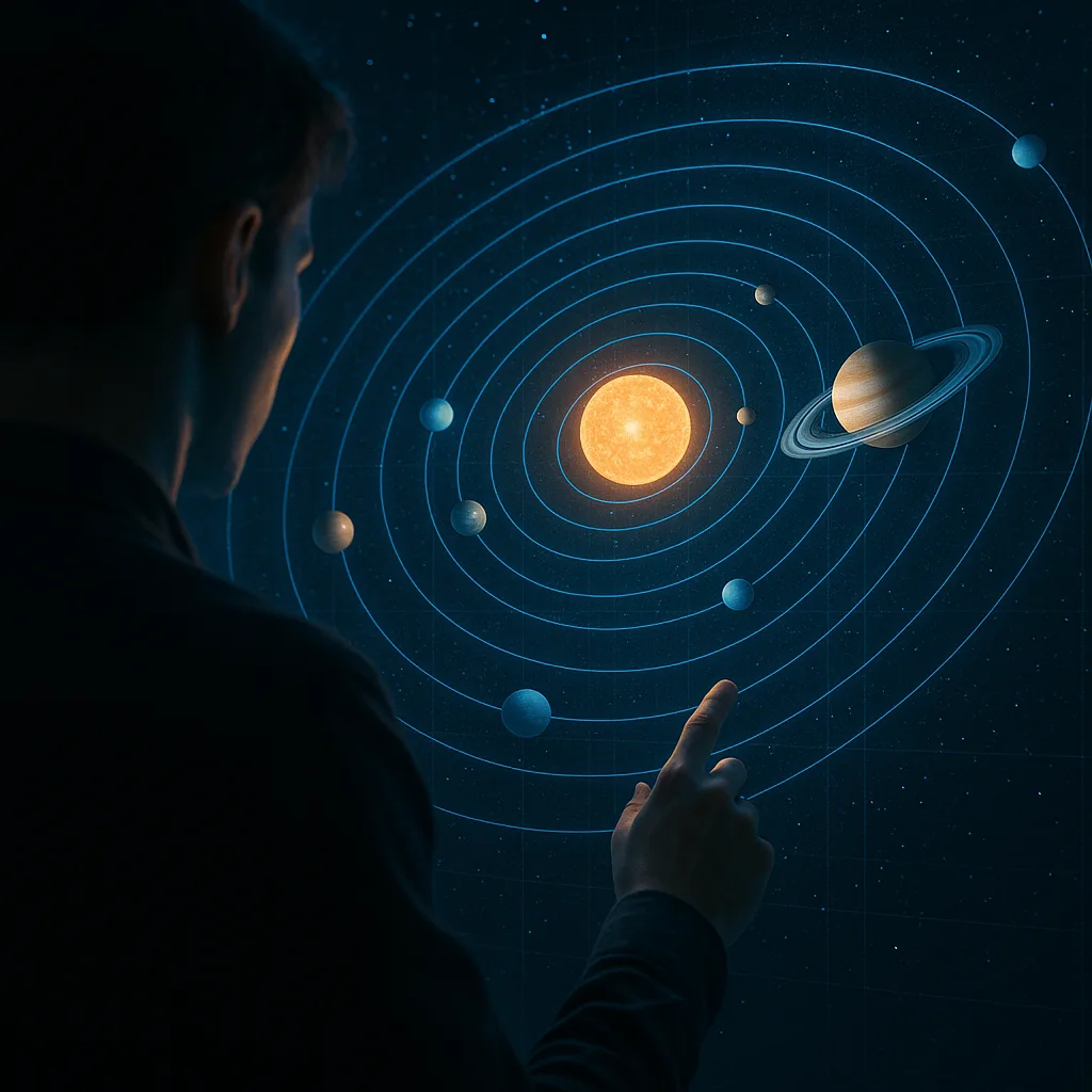 Individual Is Studying a Holographic Display of the Solar System