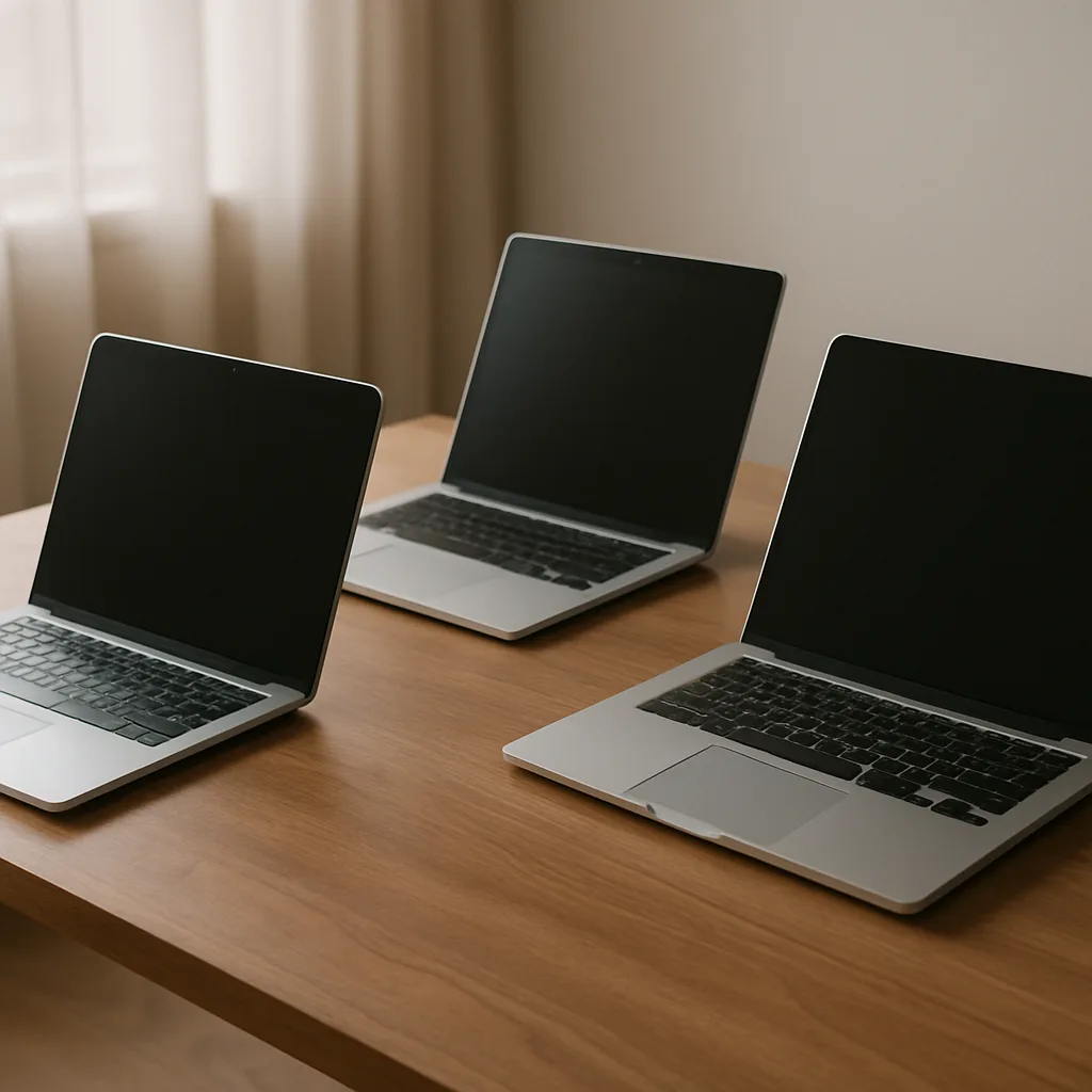 Three Contemporary Laptops Arranged on a Wooden Table