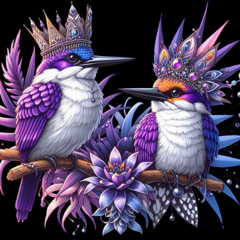Regal Lavender Birds with Ornate Crowns