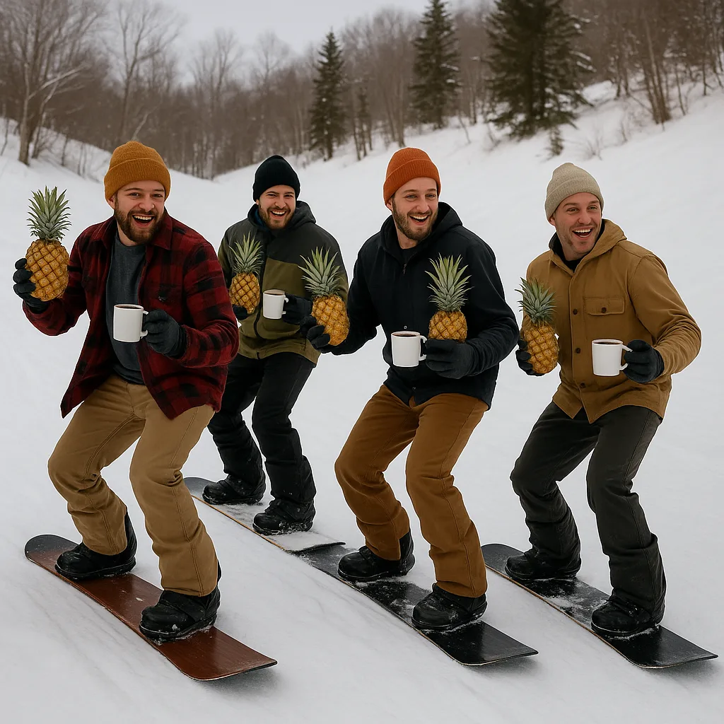 Crew of Guys Is Riding Snowboards Down a Wintry Slope