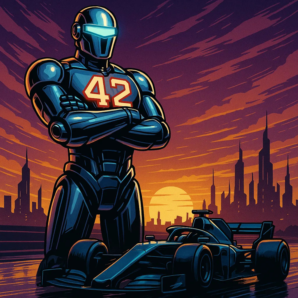 Gleaming Chrome Robot with a Vibrant Blue Visor Stands