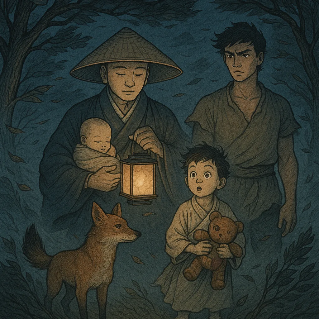 Humanitarian Figure in Feudal Japanese-styled Attire Tenderly Shields an Infant