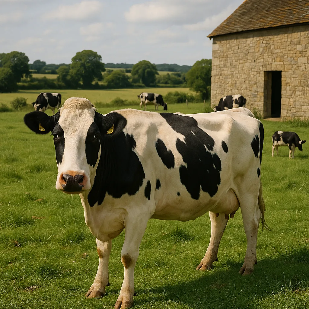 Spotted Cow Stands in a Grassy Field