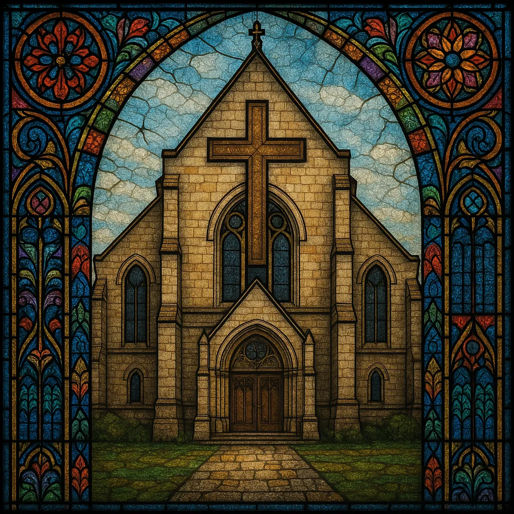 Traditional Christian Church Encircled by Elaborate Stained Glass Panels