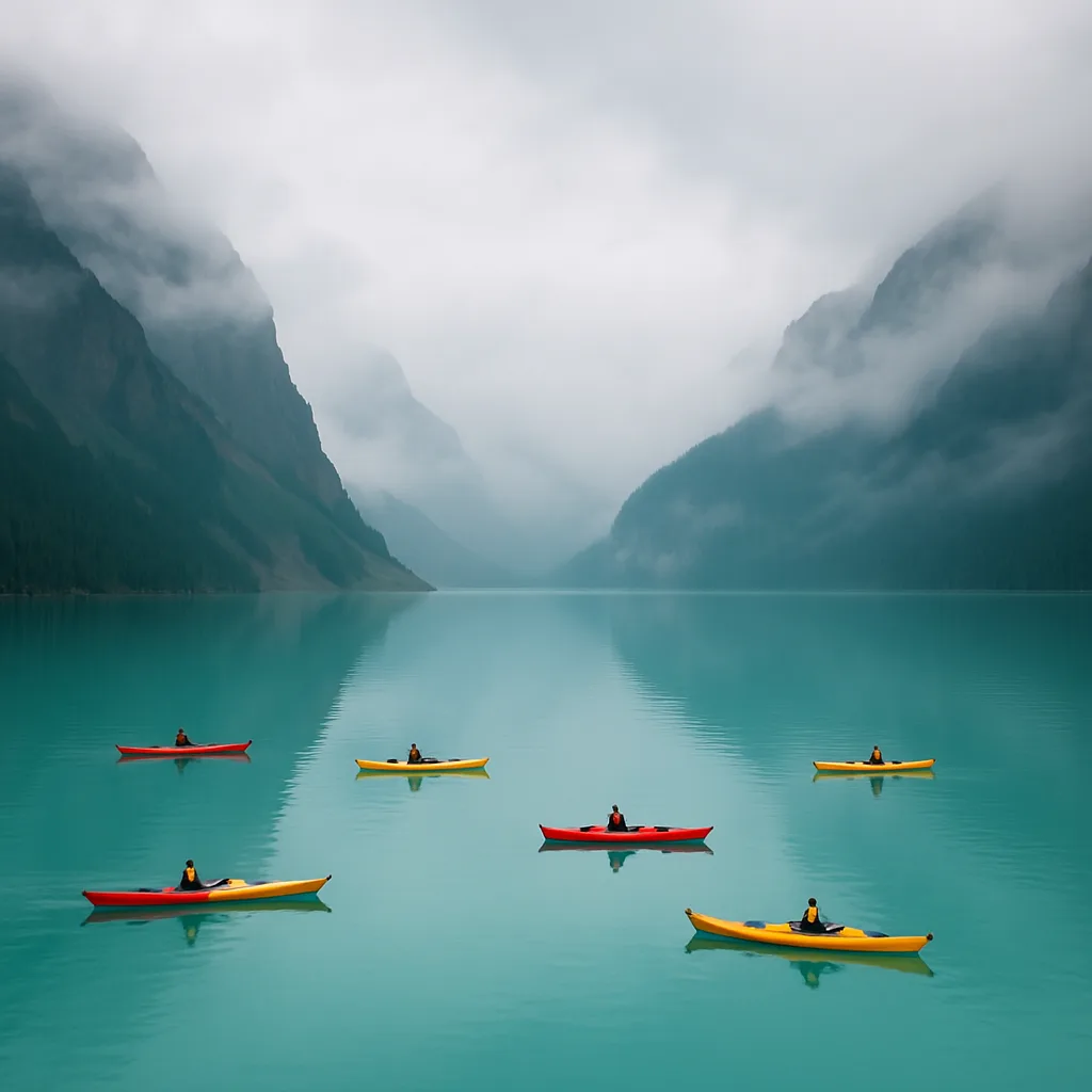Sparse Handful of Brightly Colored Kayaks Drifts Across a Vast