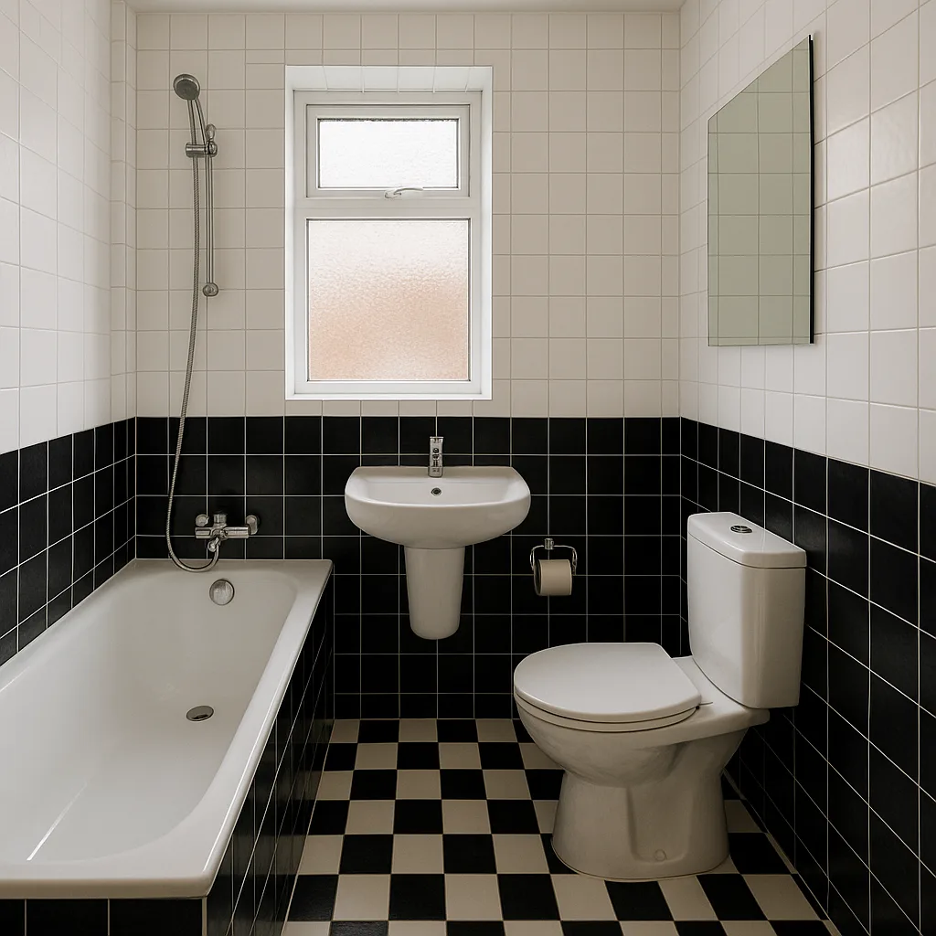 Compact Bathroom with Black and White Tiled Walls