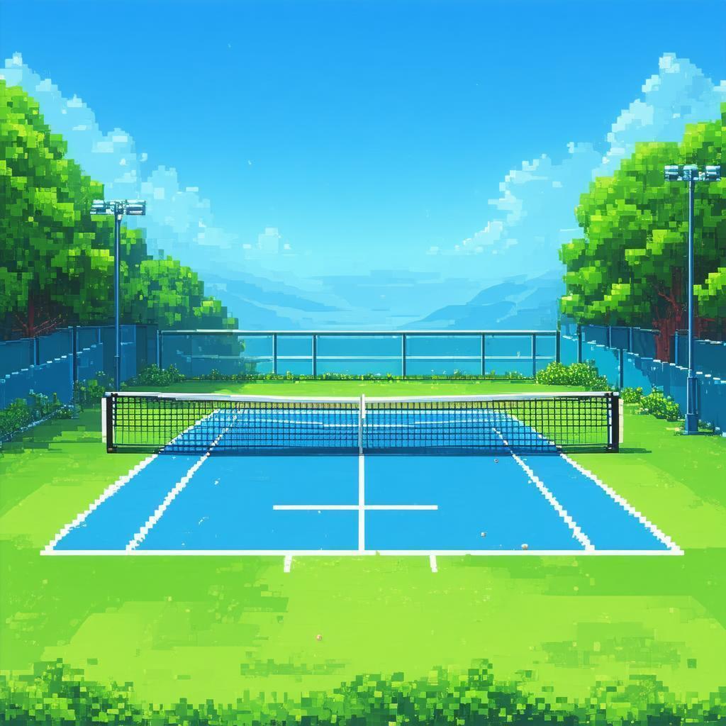 Nostalgic Pixel Tennis Court Under Blue Sky