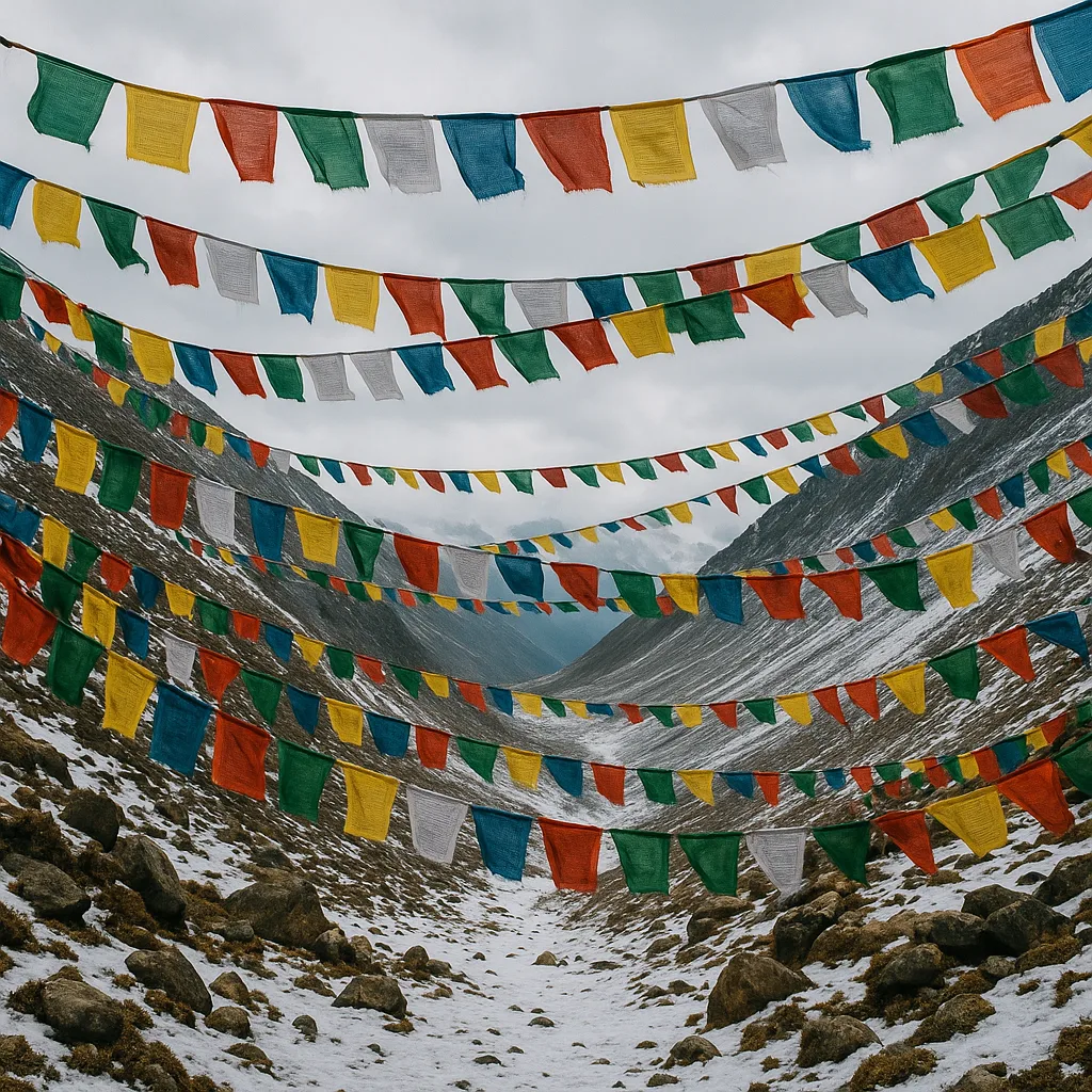 Many Colorful Prayer Flags Flutter on Long Strings