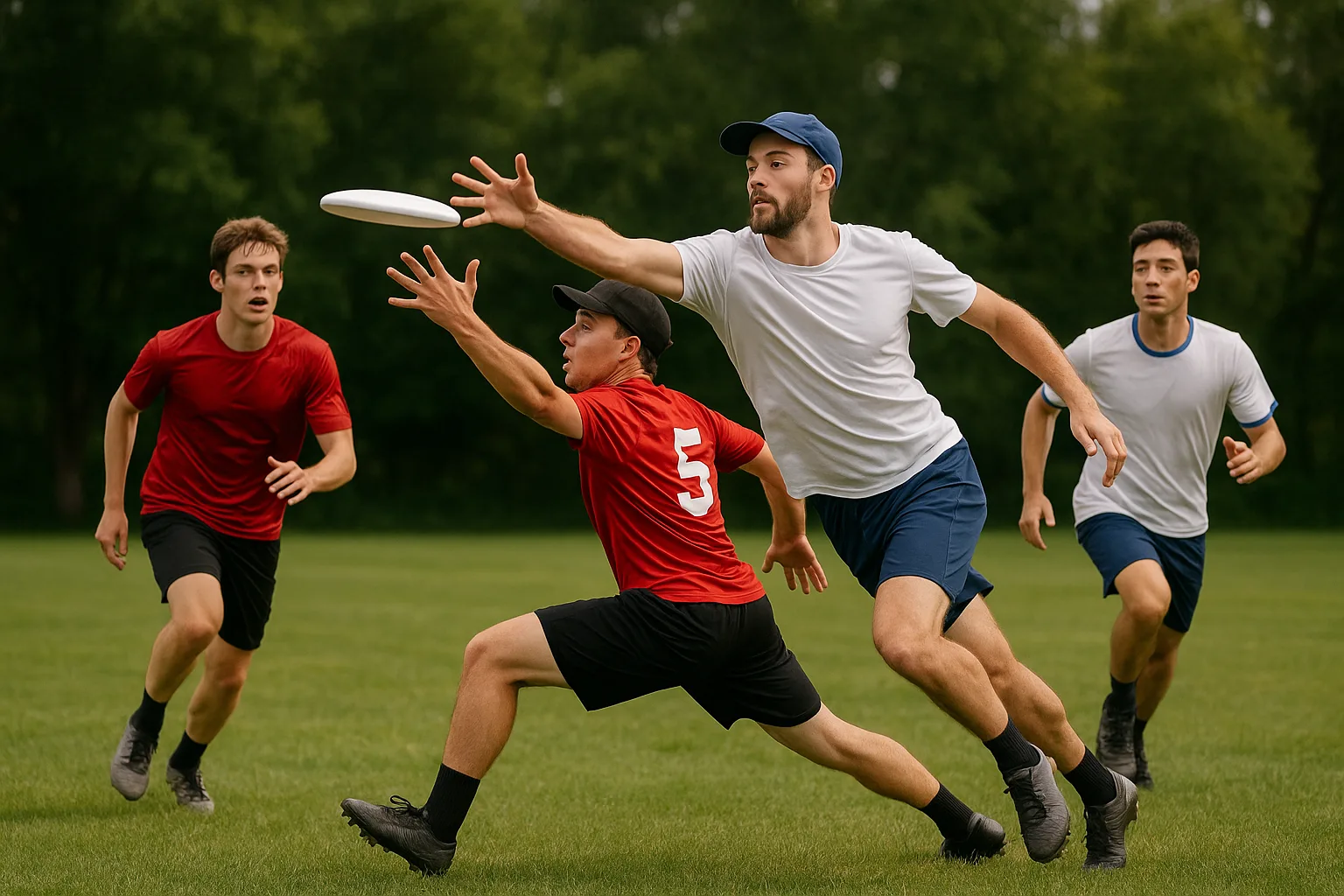 Group of Players Actively Competing in an Outdoor Ultimate Frisbee