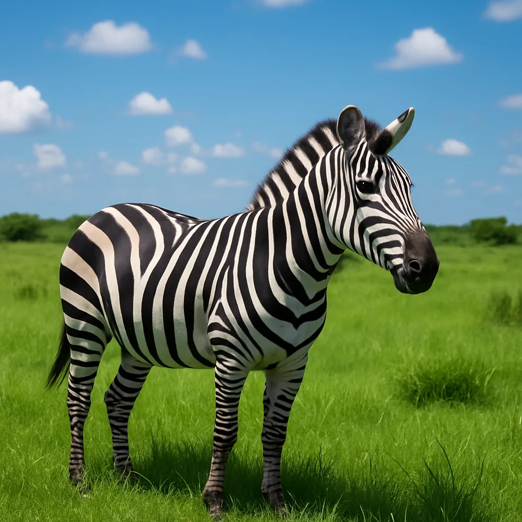 Zebra with Stripes Is Standing in a Vibrant Green Savanna