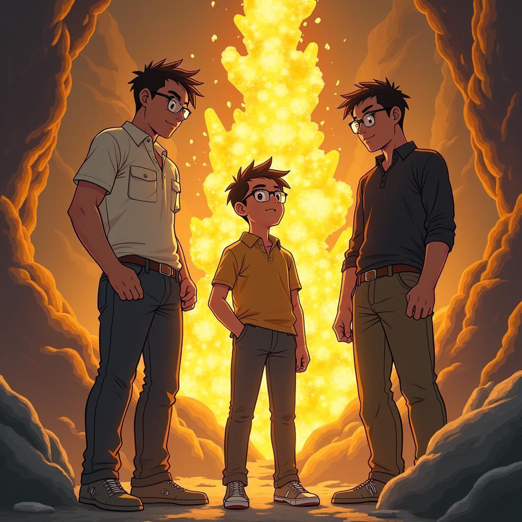 Three Prospectors Beside Glowing Anime Gold