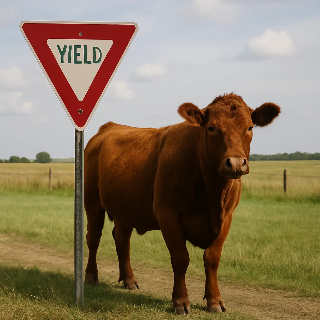 Brown Cow Positioned to the Right Side of a Yield