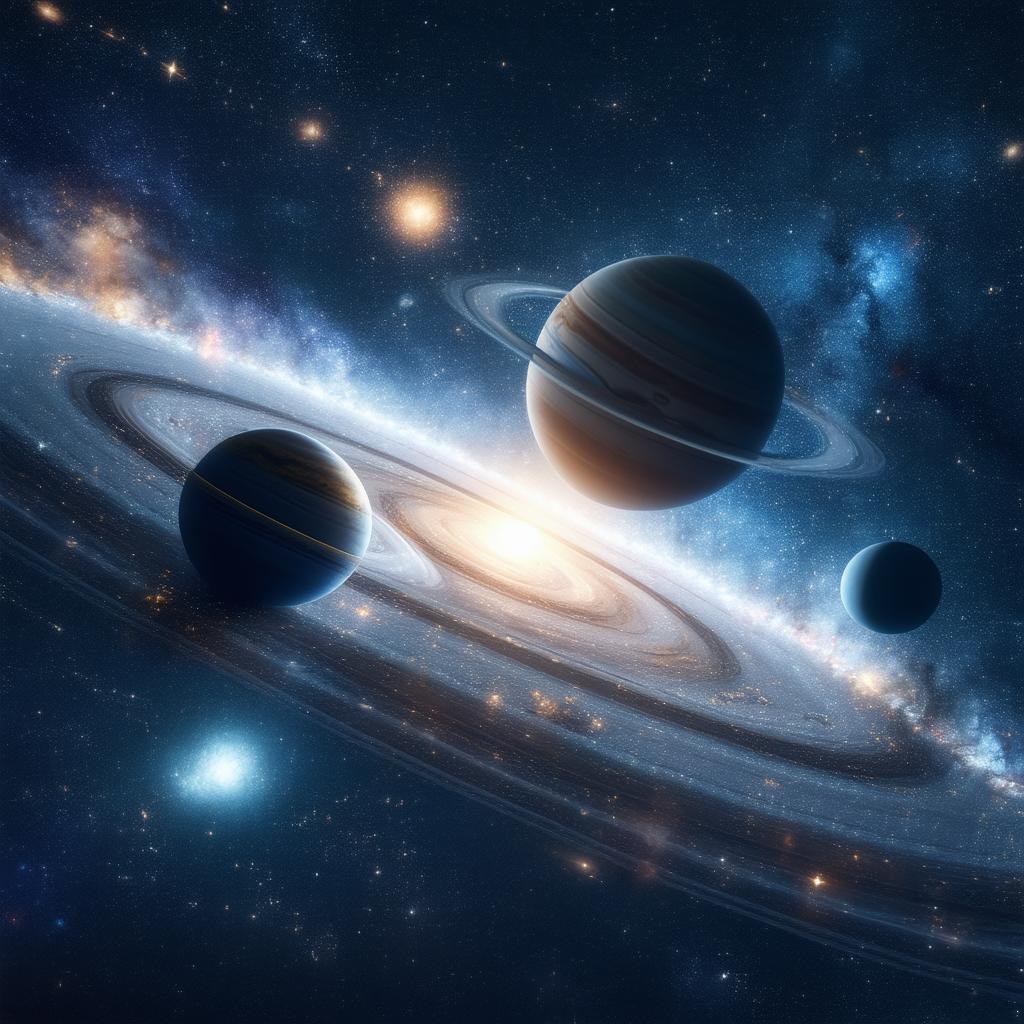 Ringed Planets Glowing Amid Swirling Nebulae
