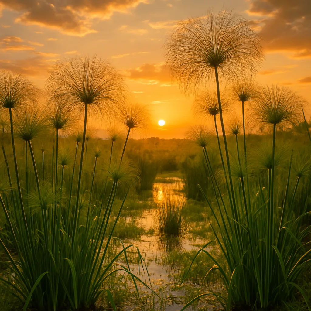 Papyrus Plants Flourishing Abundantly in a Swampy Landscape