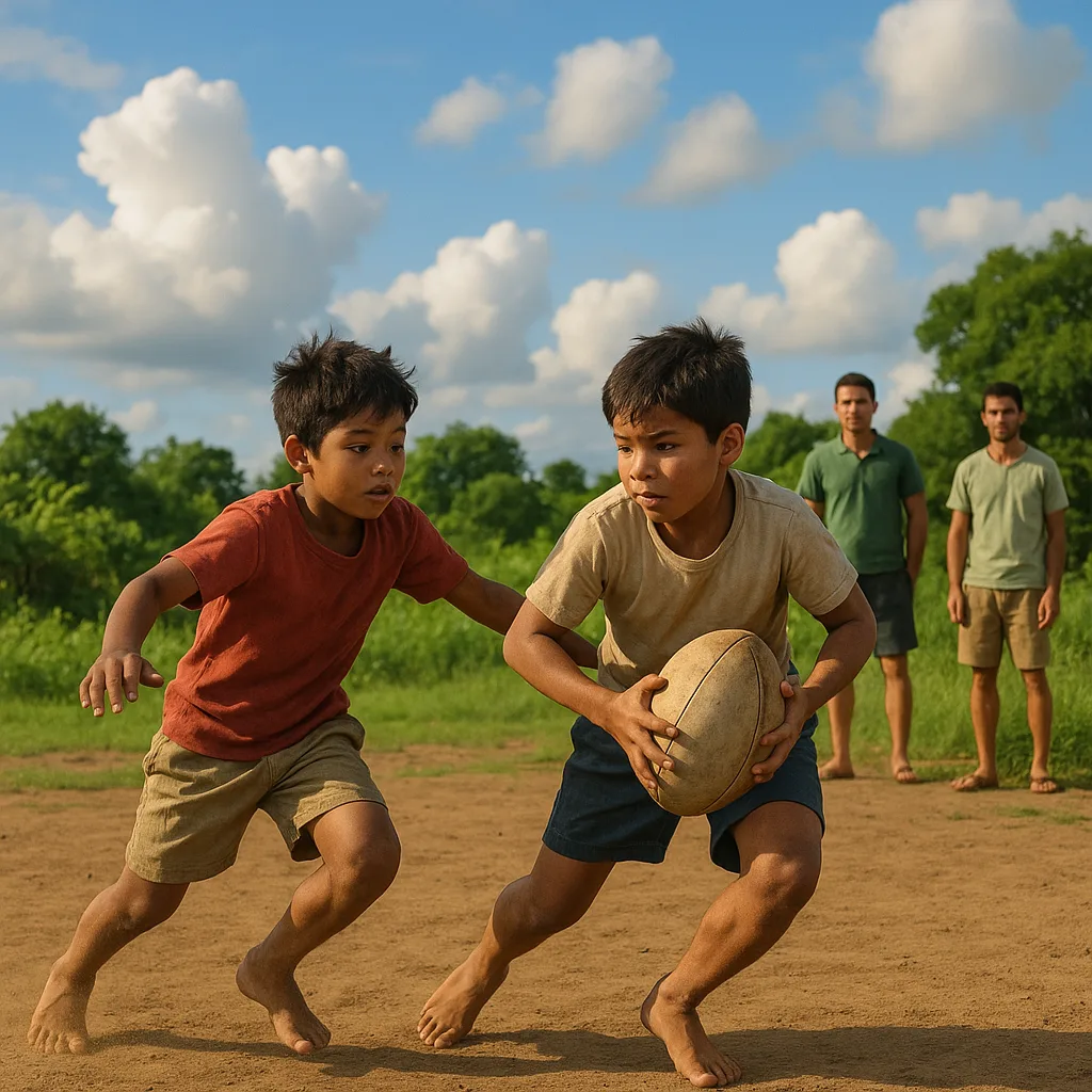 Two Boys Play Rugby on a Dirt Field