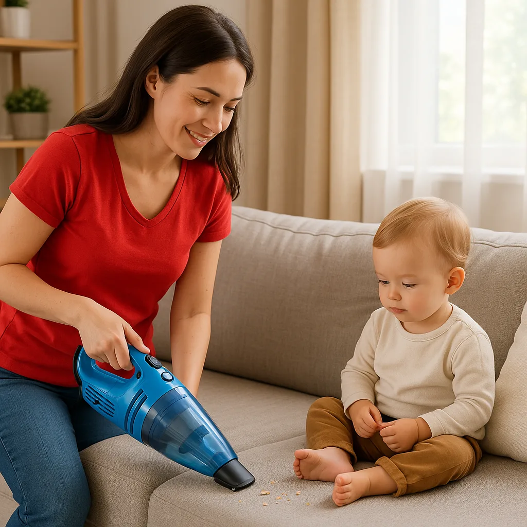 Woman in a Red Shirt Uses a Blue Handheld Vacuum
