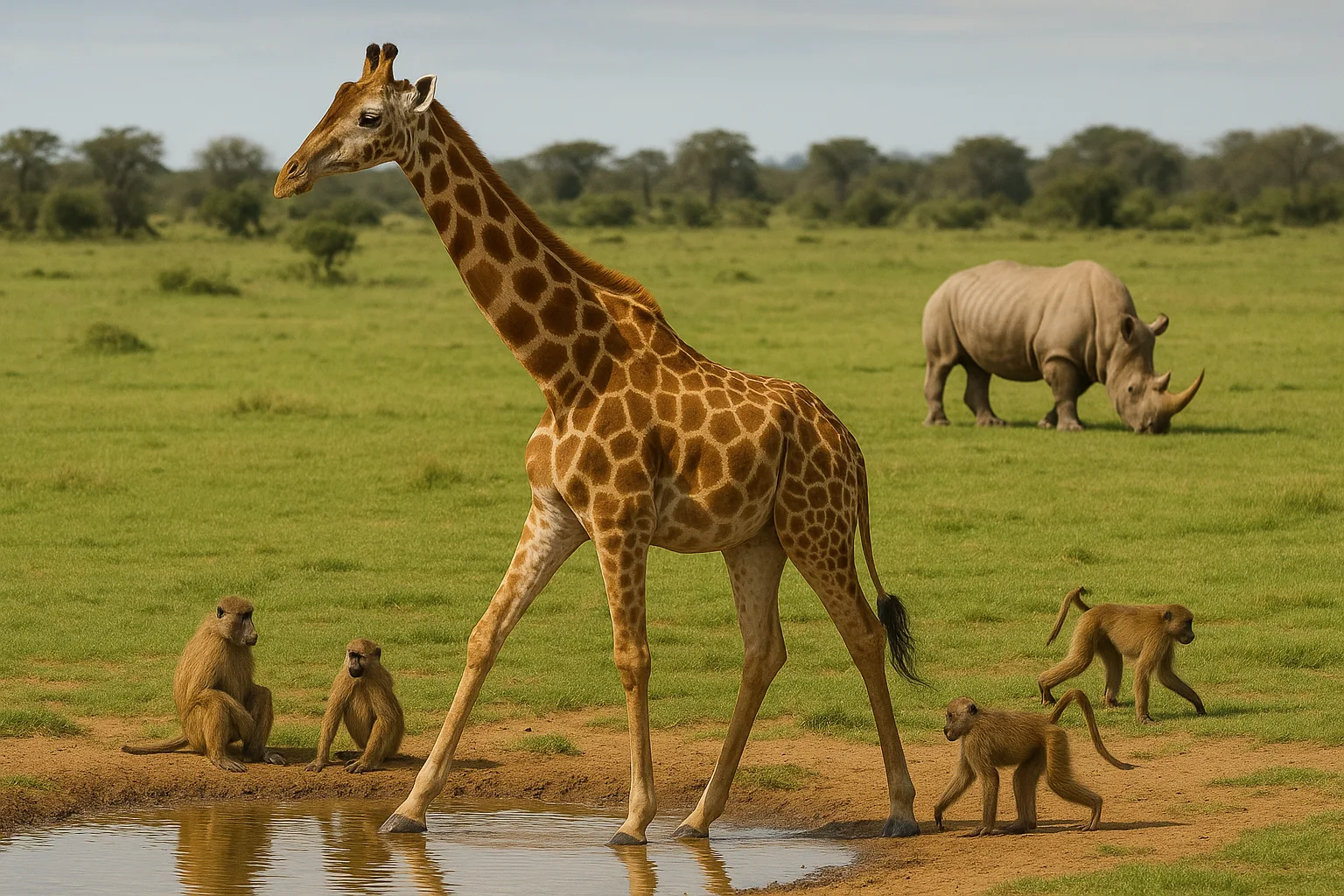 Giraffe Walks near a Small Waterhole with Baboons