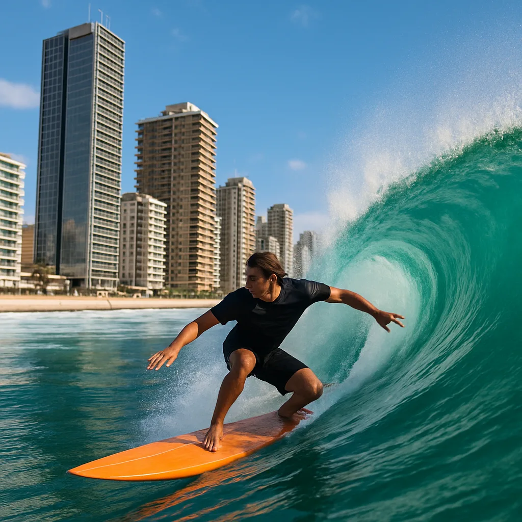 Person Balances on a Bright Orange Surfboard