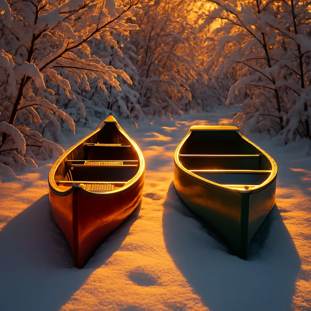 Two Canoes—one a Deep Red Vessel
