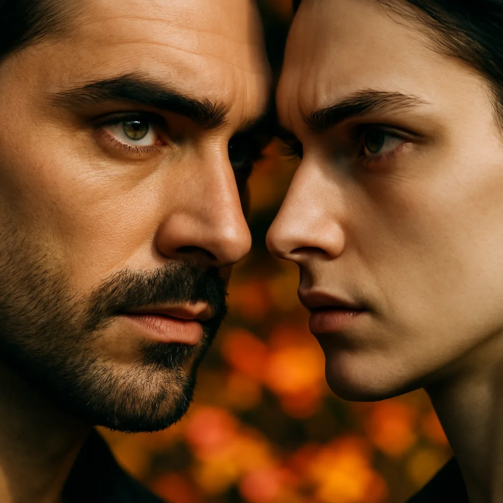 Charismatic Male's Heterochromatic Eye Meets an Androgynous Figure's Intense Gaze