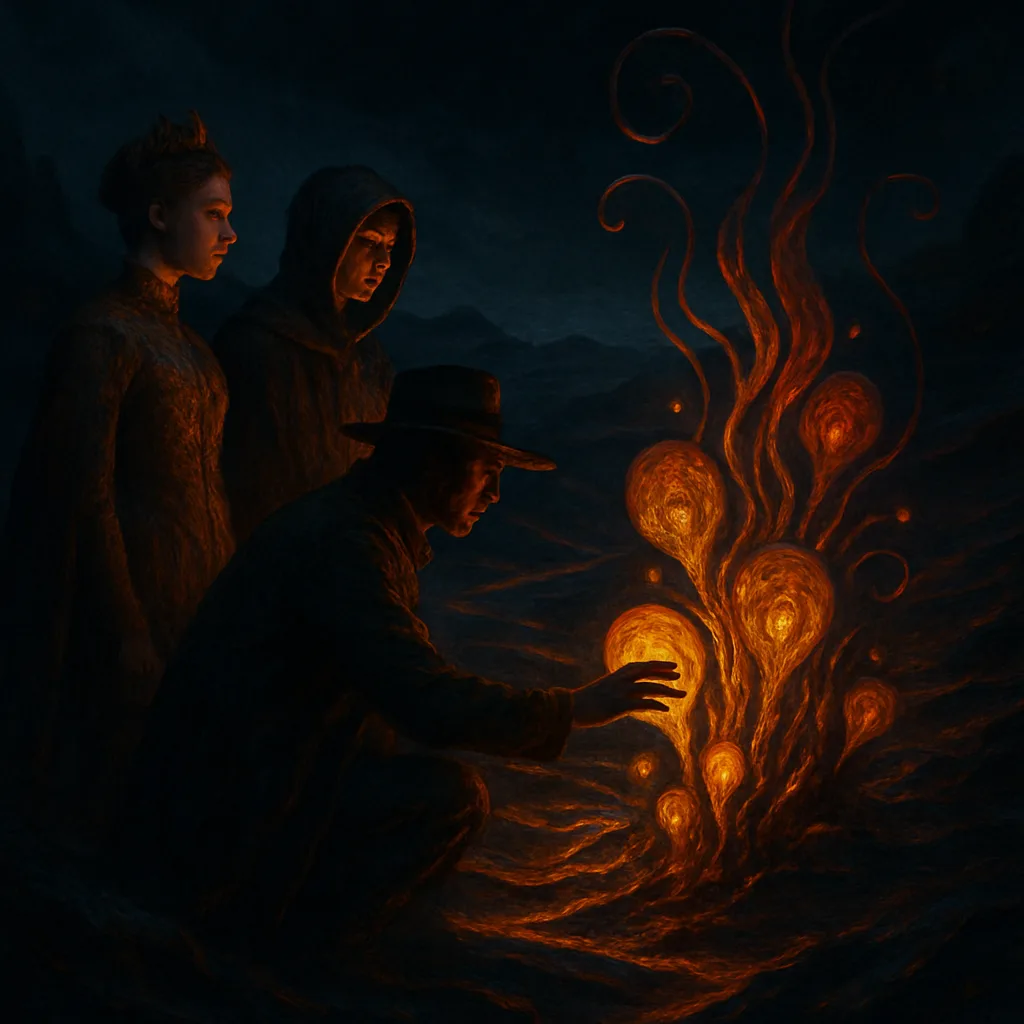 Regal Woman and Hooded Youth Observe a Hatted Figure Gently