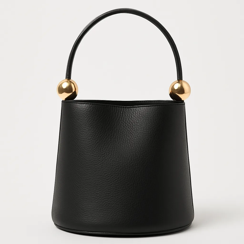 Black Leather Bucket Bag with a Single Handle