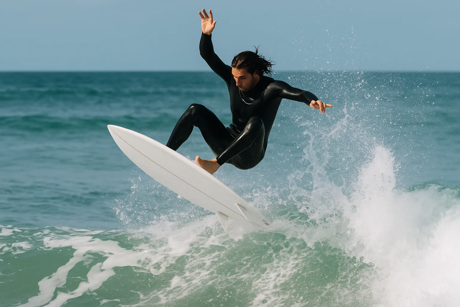 Surfer Wearing a Black Wetsuit Performs an Aerial Maneuver