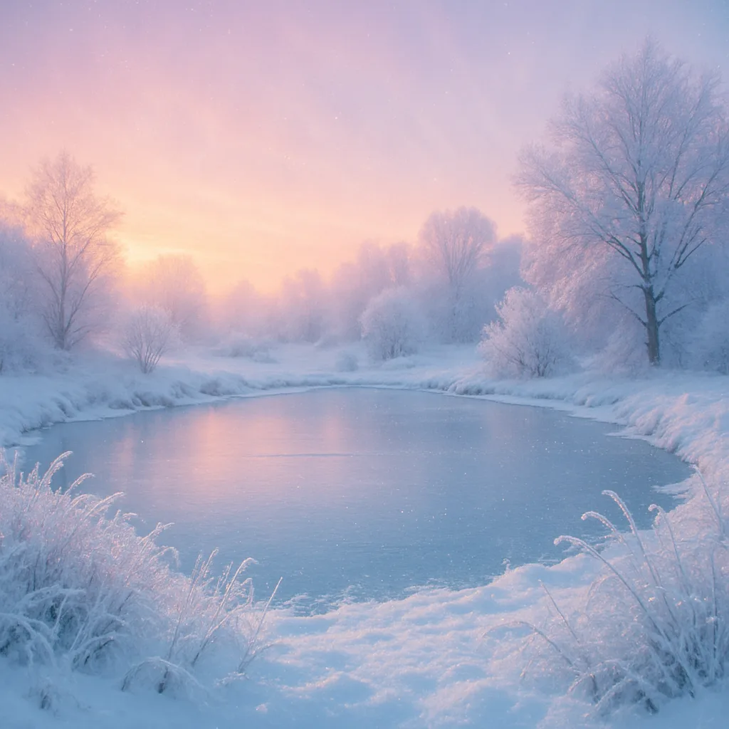 Snow-covered Landscape Encircles a Frozen Pond