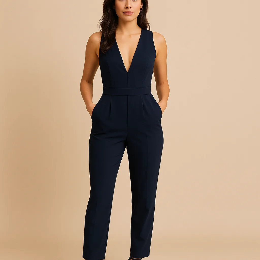Woman Wearing a Sleeveless Navy Blue Jumpsuit