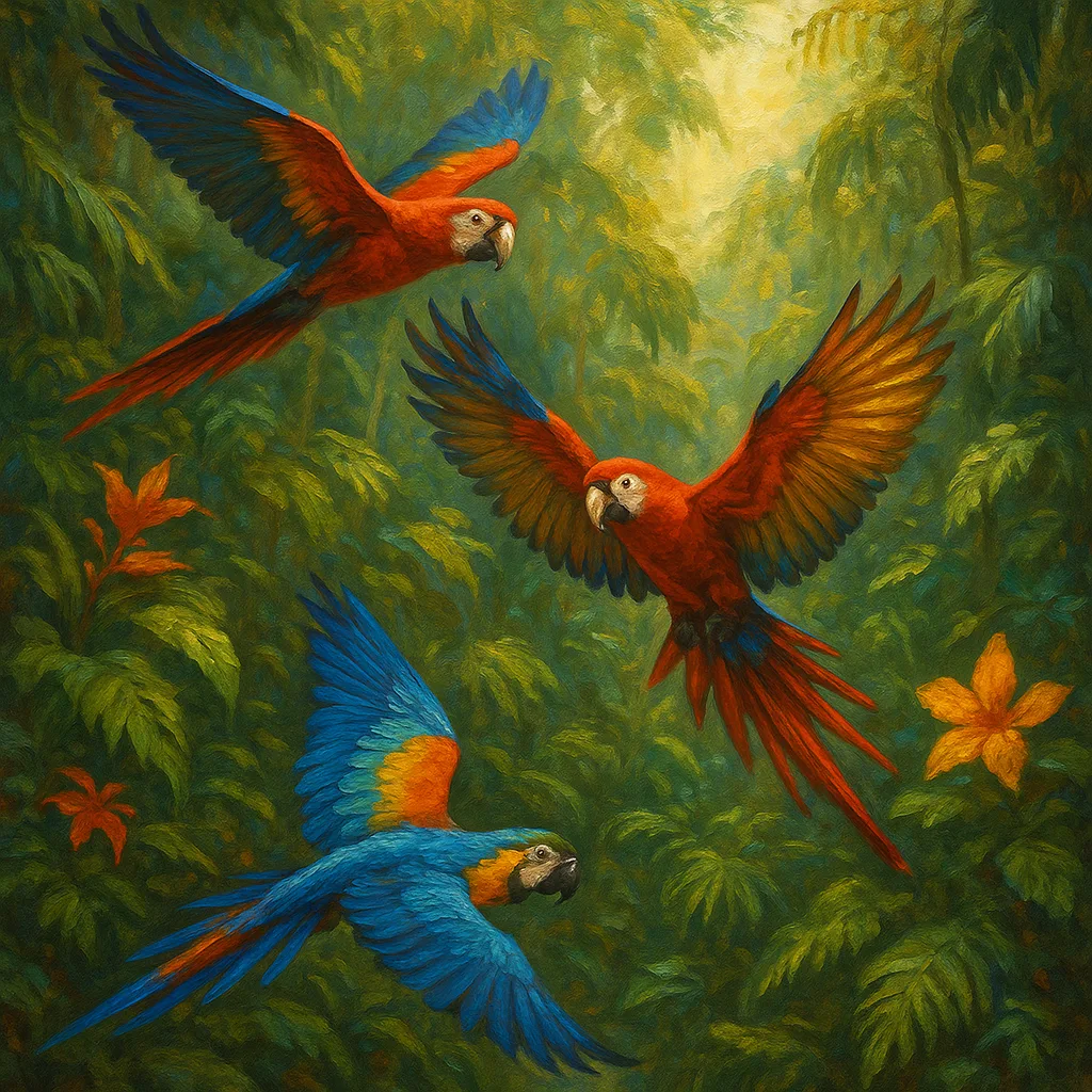Dynamic Depiction of Three Vividly Colored Tropical Birds in Motion