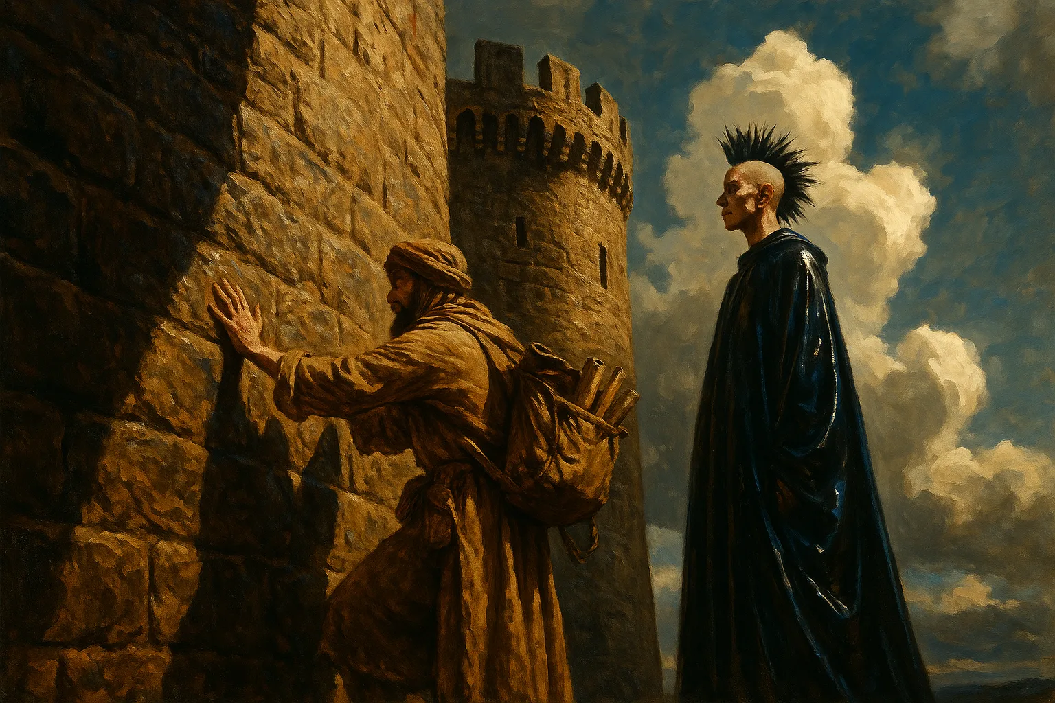 Nomadic Artist in Earthy Tones Gently Caresses the Towering Castle's