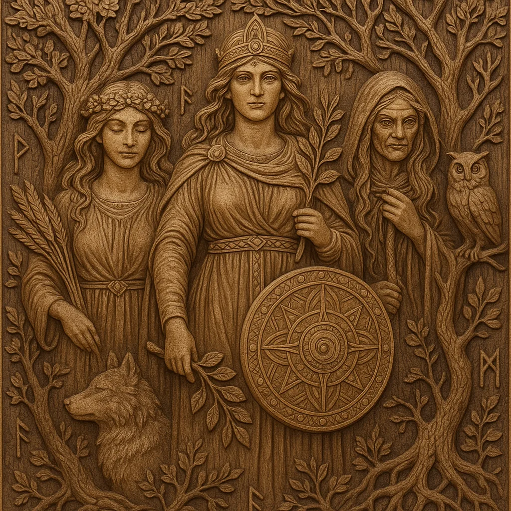 Detailed Carved Artwork Depicting Three Mythological Feminine Figures