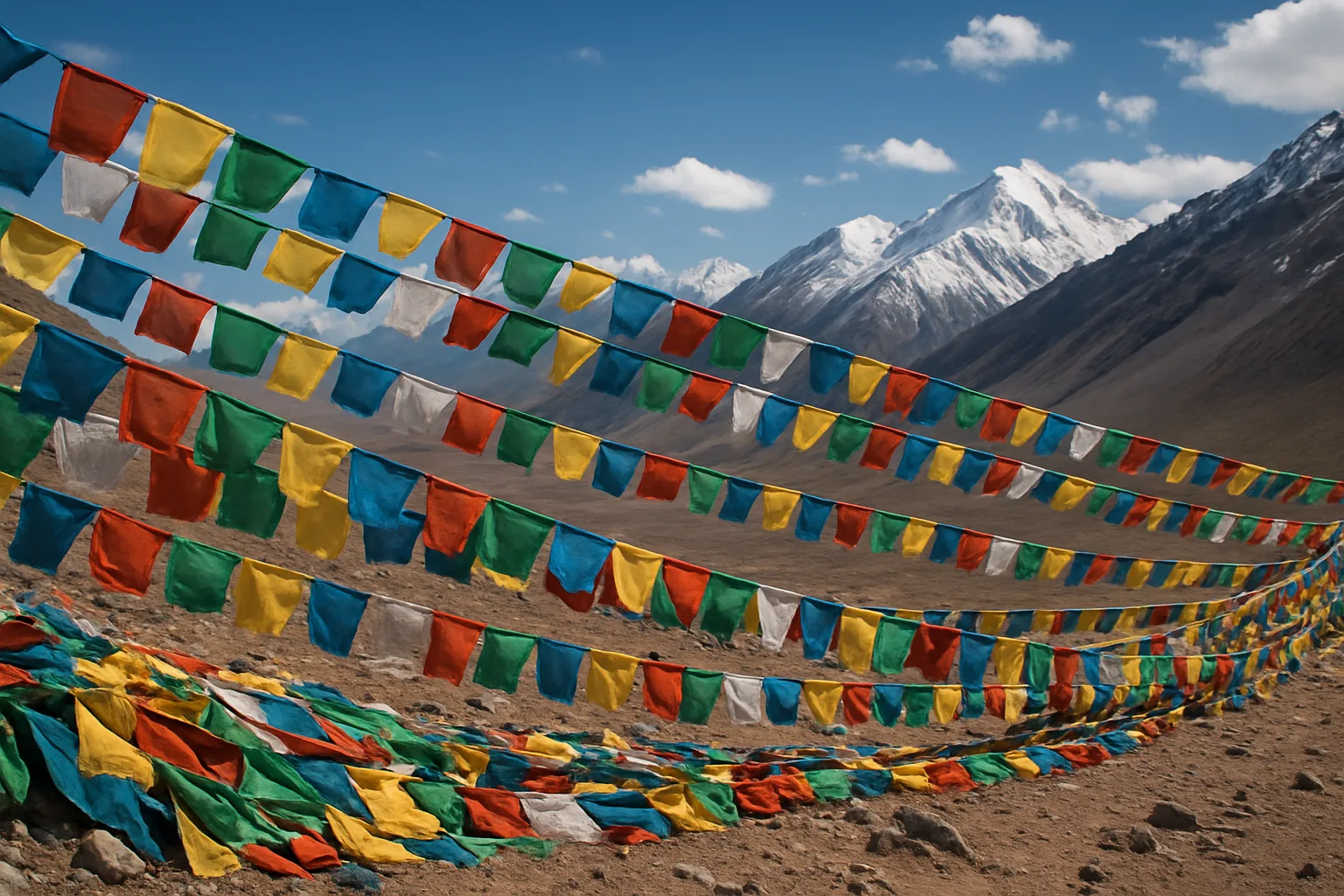 Multitude of Colorful Prayer Flags Stretches Across a Vast