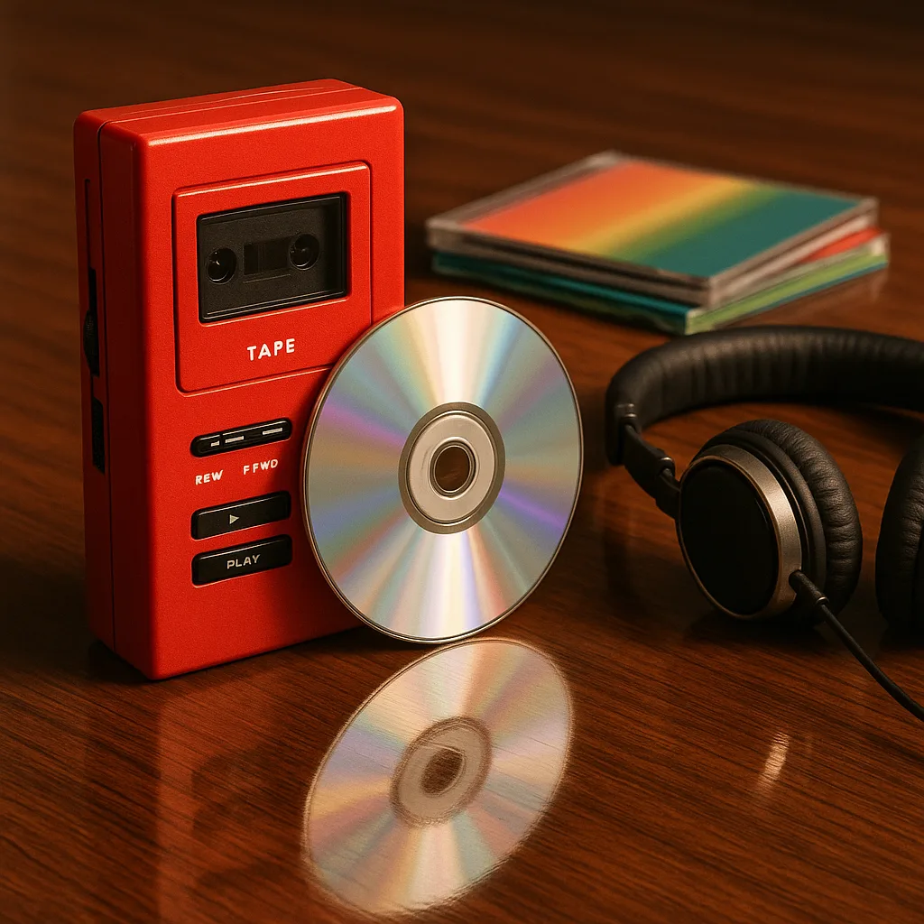 Vivid Red Rectangular Tape Player Stands Upright Beside a Radiant