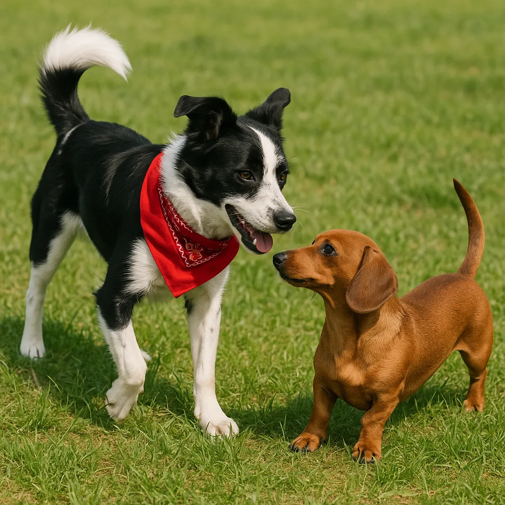 Playful Black-and-white Dog Wearing a Red Bandana Interacts
