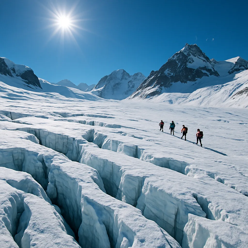 Small Group of Distant Mountaineers Slowly Makes their Way