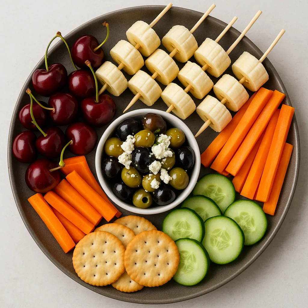 Round Platter Filled with Assorted Snacks Including Cherries