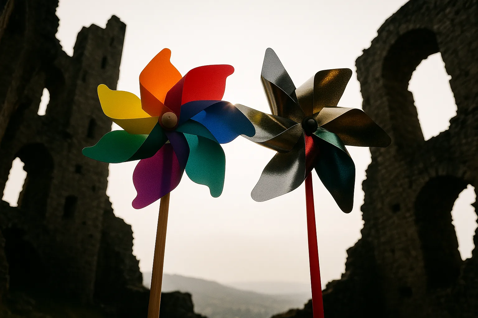 Two Distinct Pinwheels—one Showcasing Vibrant Rainbow Spectrum Vanes