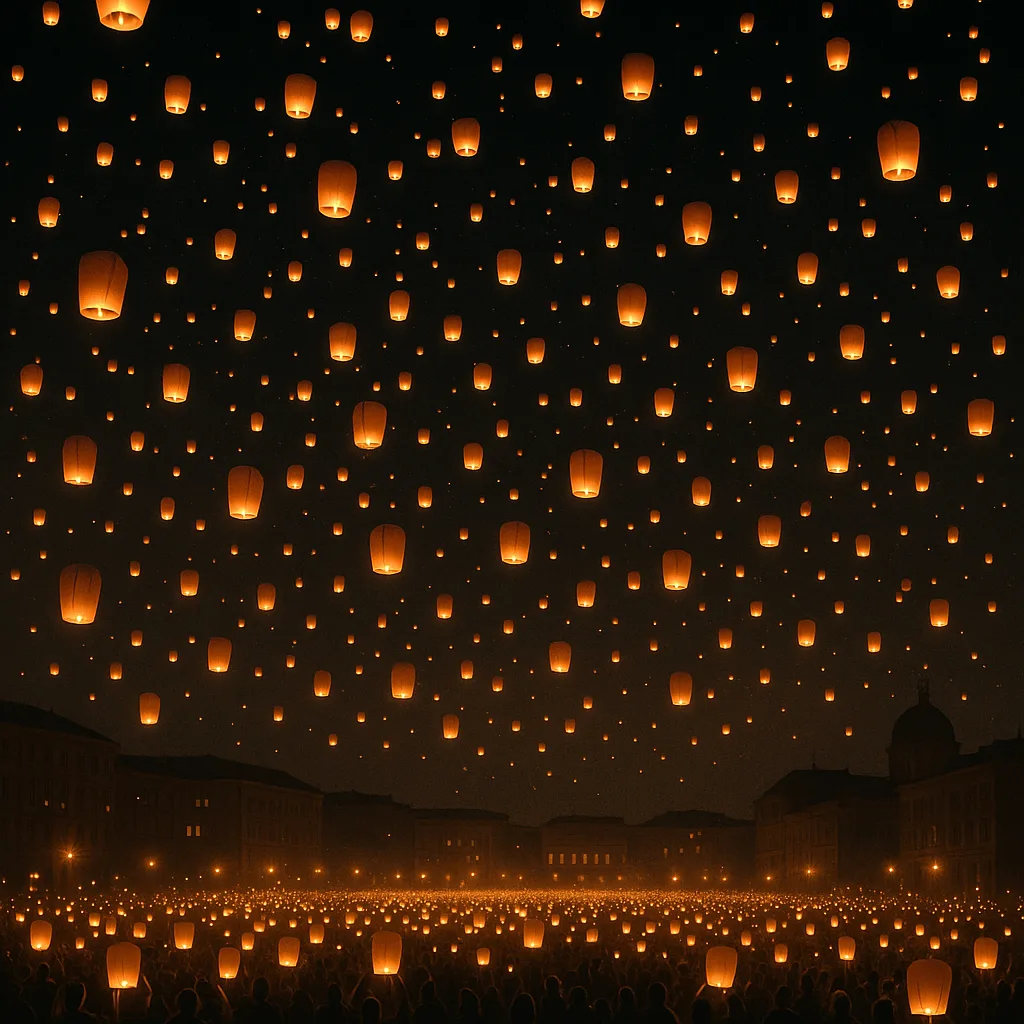 Thousands of Glimmering Lanterns Float Skyward from a Vast