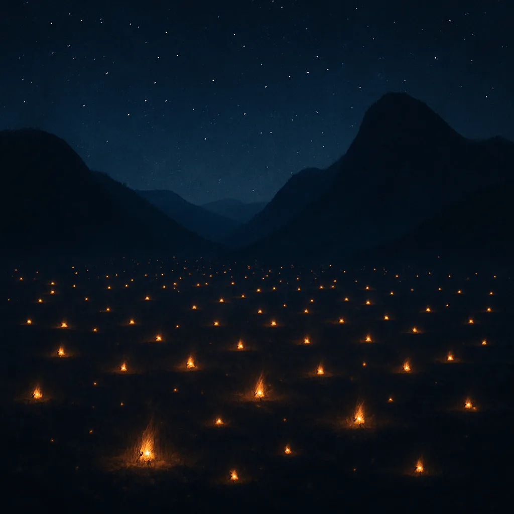 Many Distant Campfires Flicker Like Scattered Embers Across a Vast