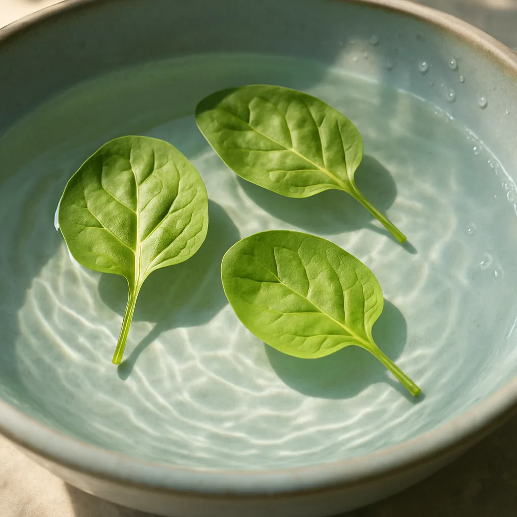 Three Delicate Spinach Leaves Float Atop Crystal-clear Spring Water