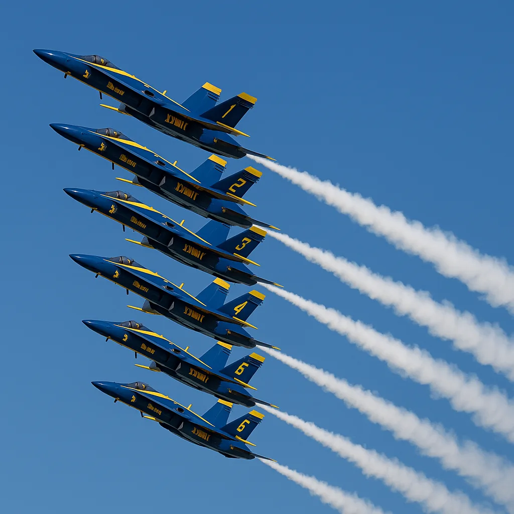 Six Blue and Yellow Fighter Jets Flying in Formation