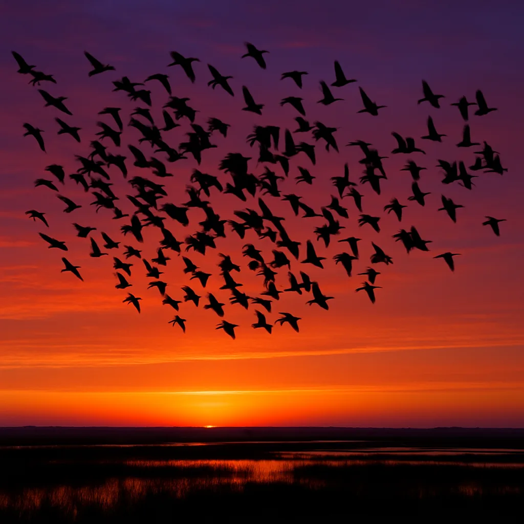 Large Flock of Migratory Birds Forms a Dynamic Silhouette