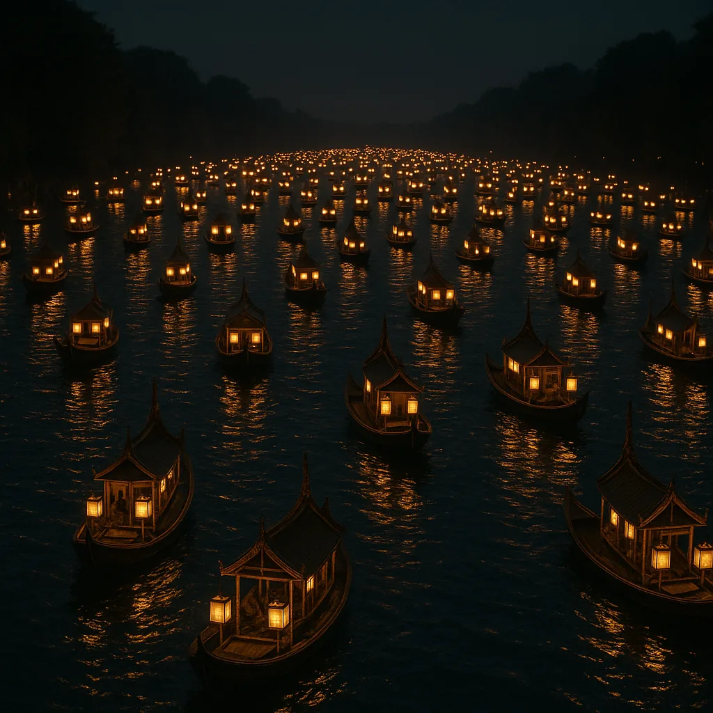 Vast Flotilla of Hundreds of Illuminated Traditional Boats Drifts Slowly