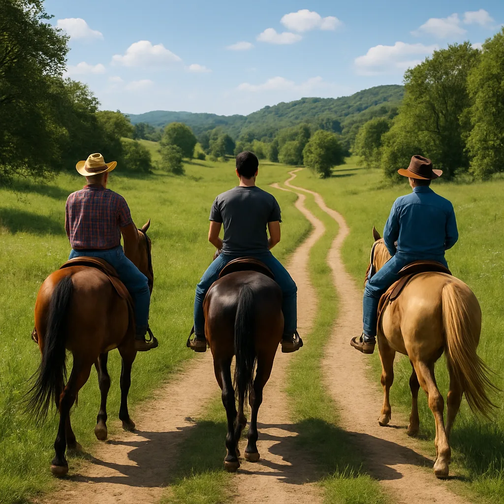 Trio of Men on Horseback Travel Along a Dirt Path