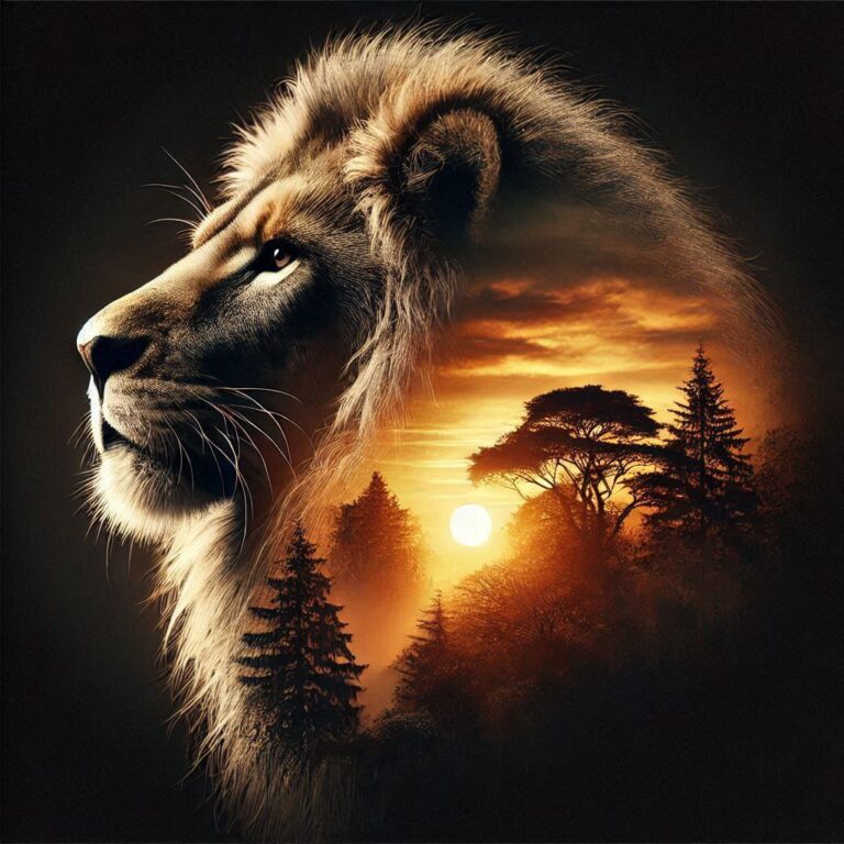 Double Exposure Lion with Sunset Trees