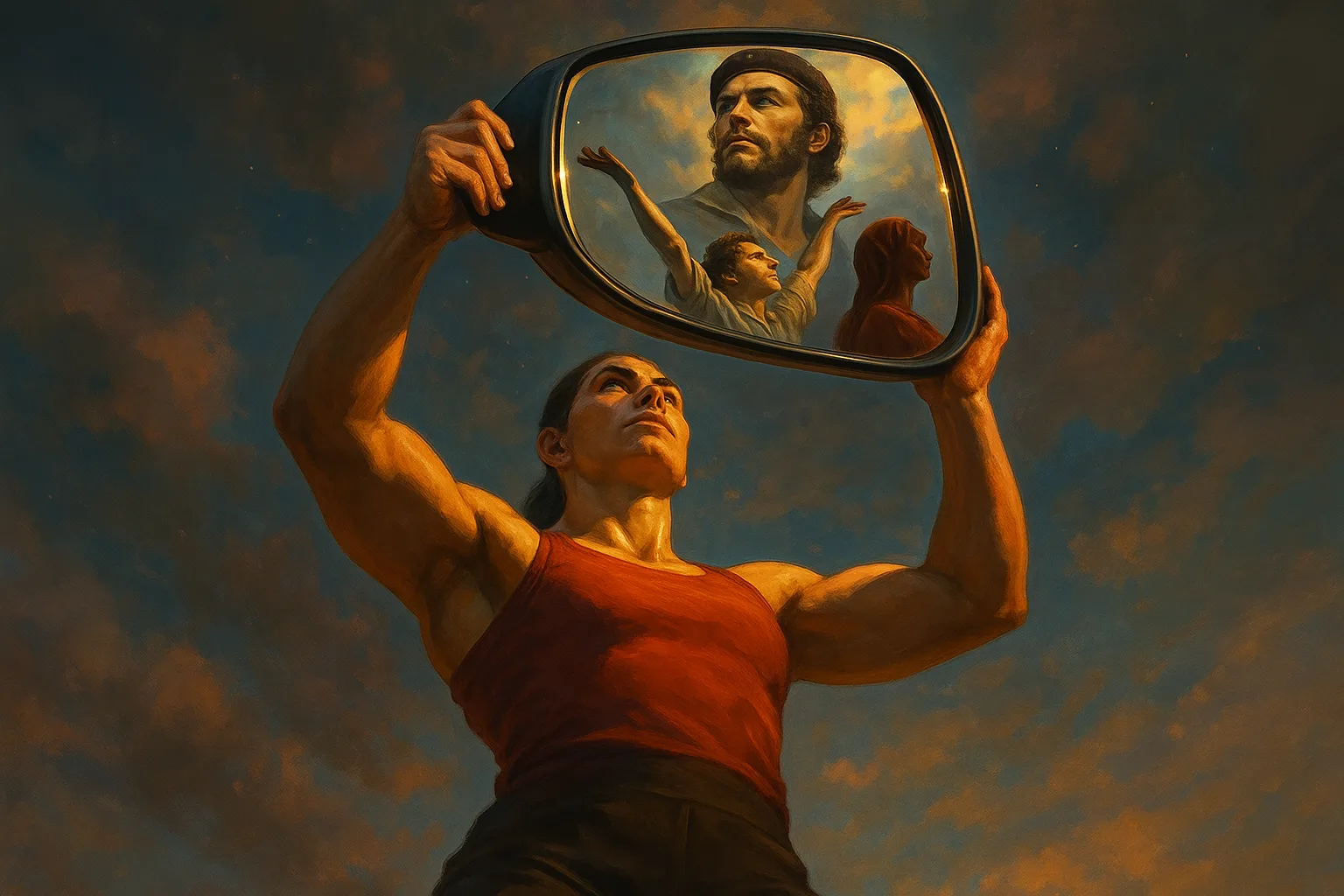 Giant Athlete in Flats Holds Aloft a Glossy Car Mirror