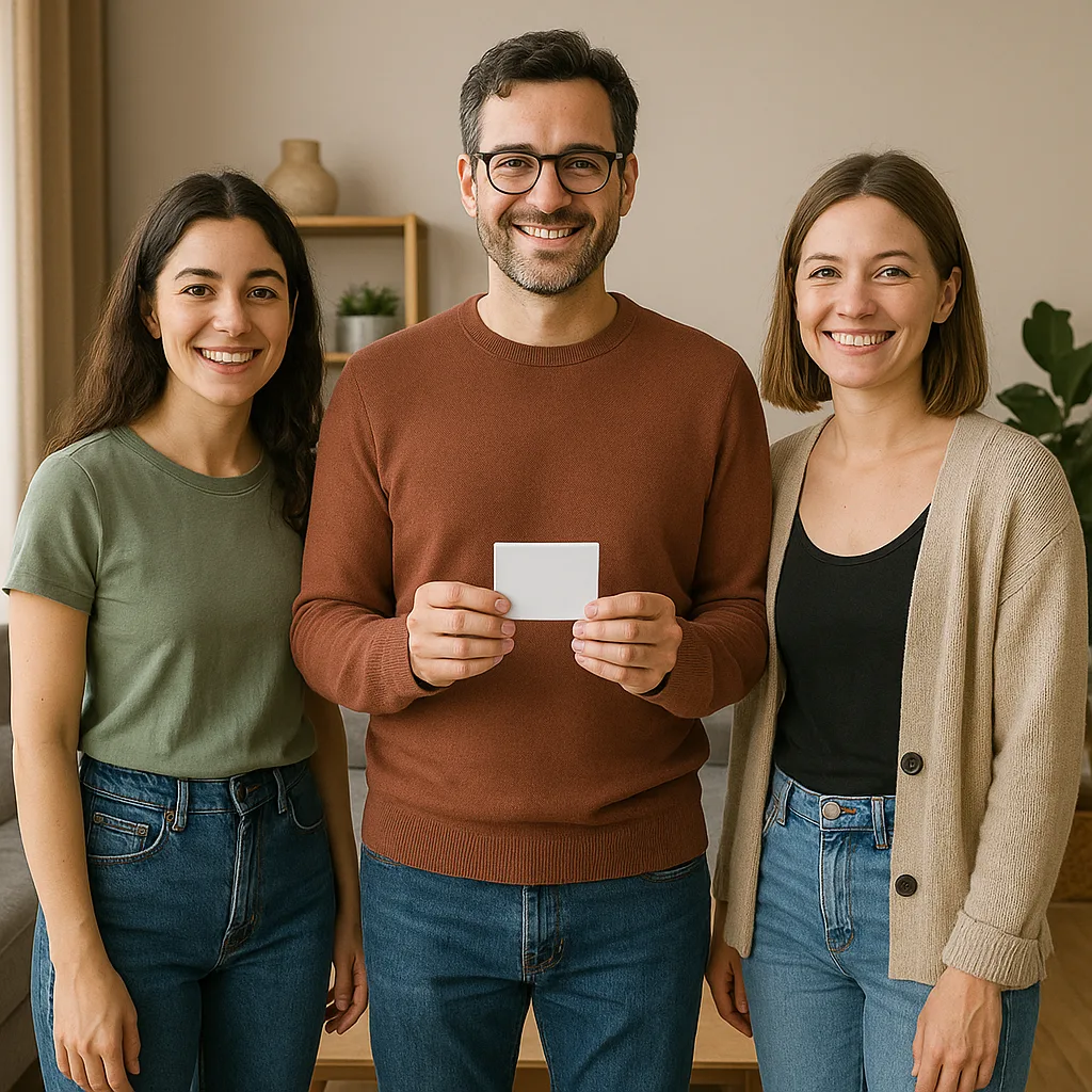 Three People Standing in a Living Room with Casual Attire