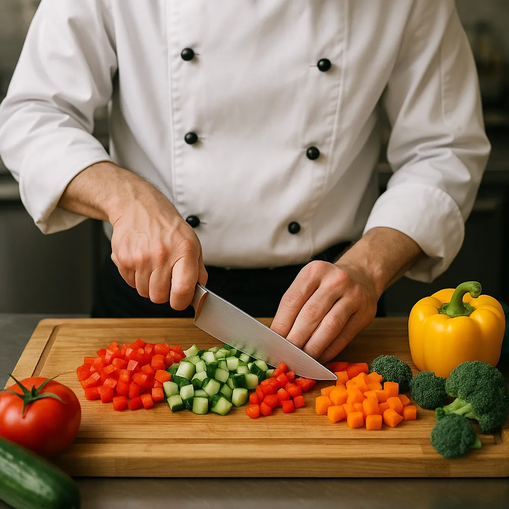 Chef Is Carefully Slicing Vibrant Vegetables Using a Shiny Knife